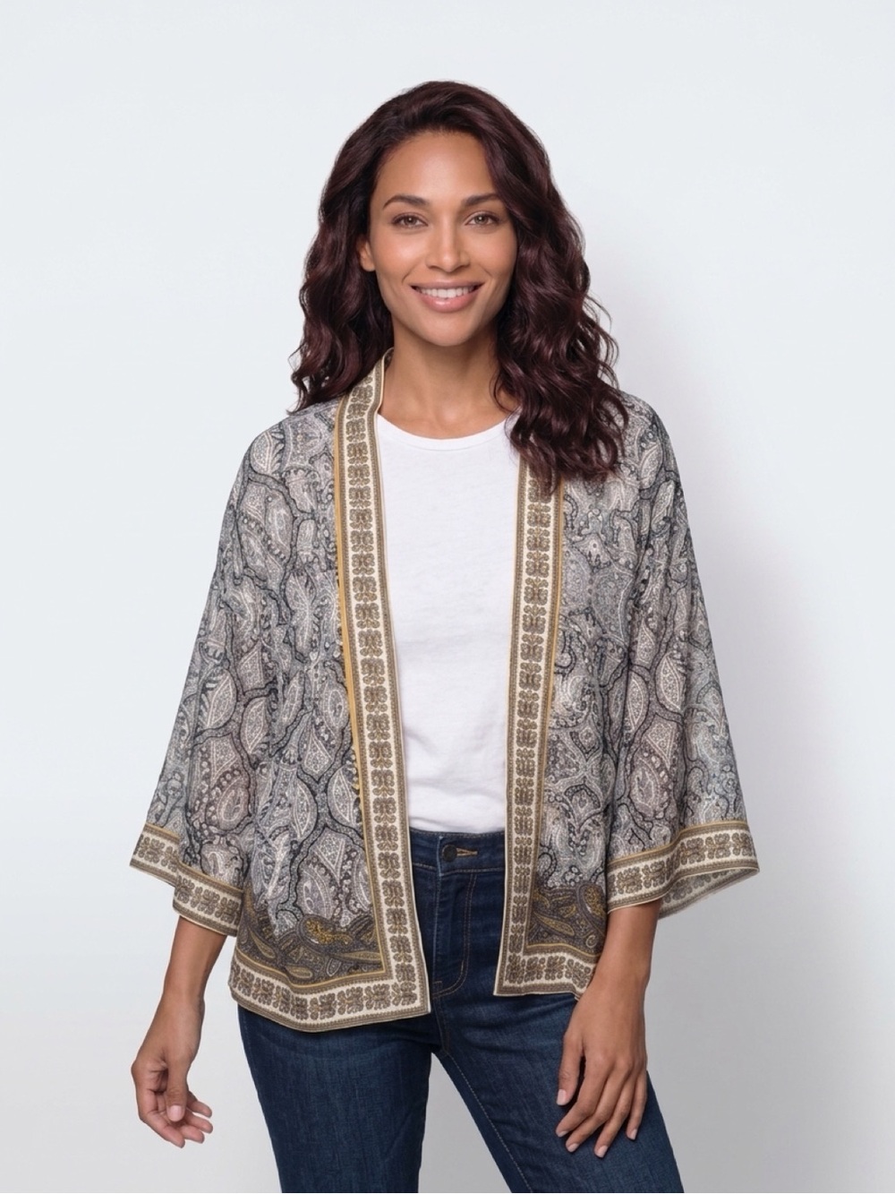 Max Studio Paisley Border Print Kimono Cardigan Size M NWT